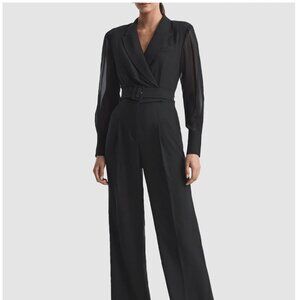 REISS Black Flora Sheer Belted Double-Breasted Jumpsuit NWT